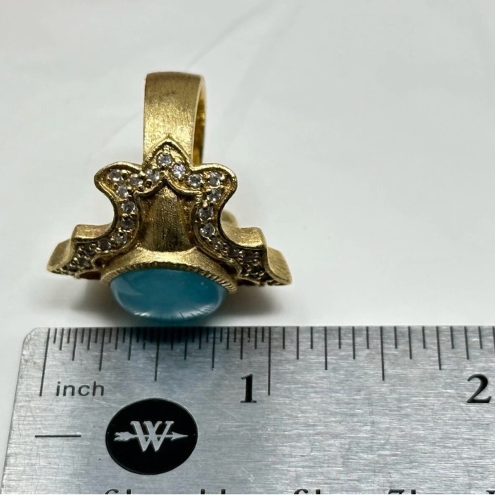 Ralph Lauren Matte Gold-Plated Clear Rhinestone Blue Cabochon Size 6.75/7 Ring - Picture 4 of 7